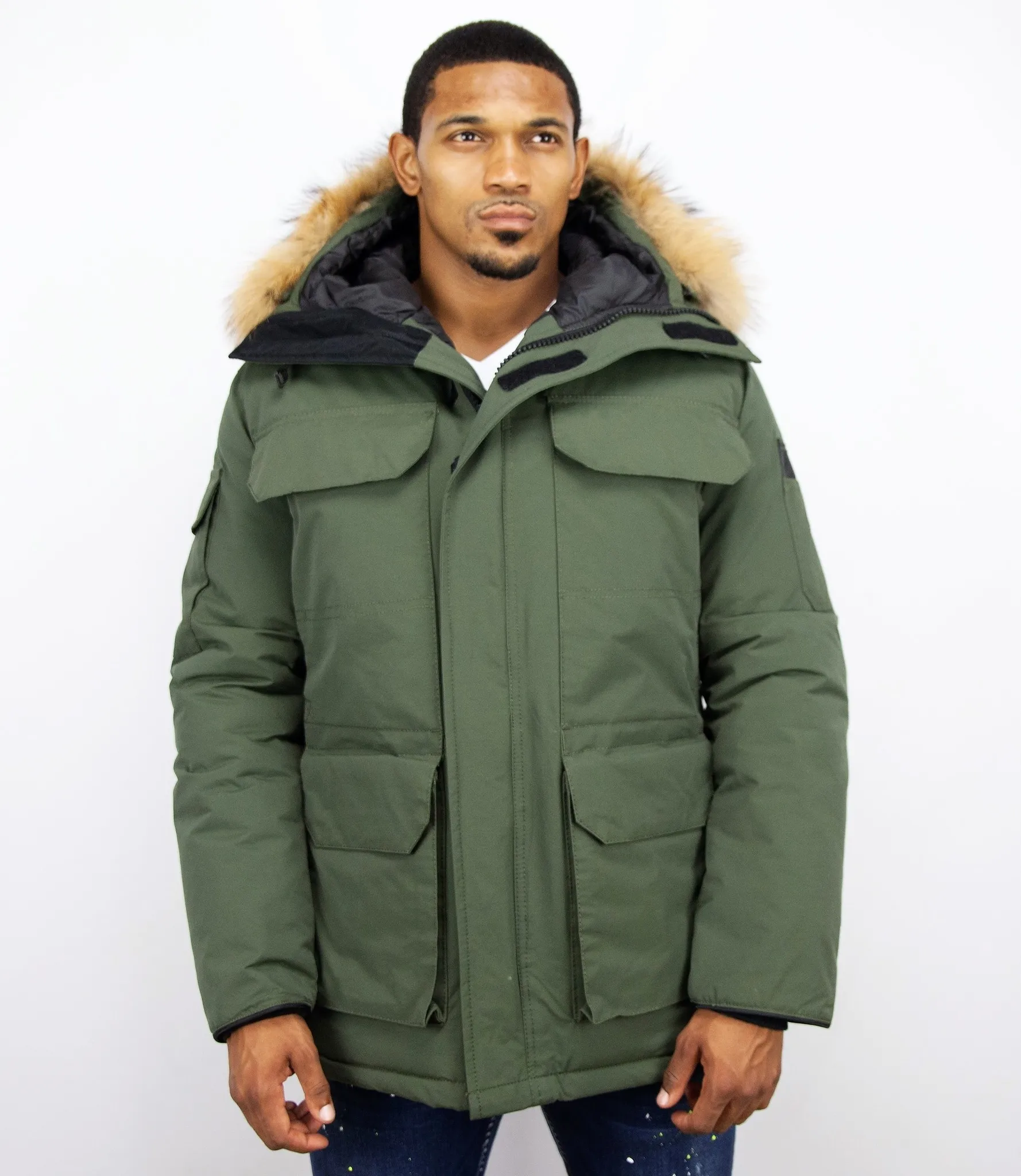 HEREN WINTERJAS HALFLANG  GROENE PARKA MET BONTKRAAG