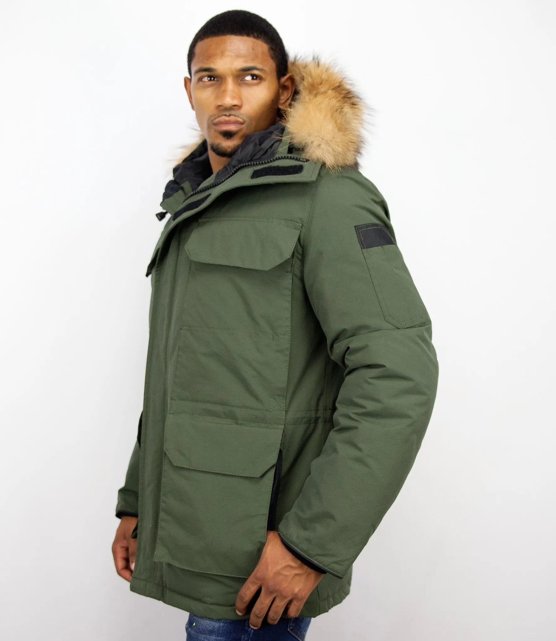 HEREN WINTERJAS HALFLANG  GROENE PARKA MET BONTKRAAG