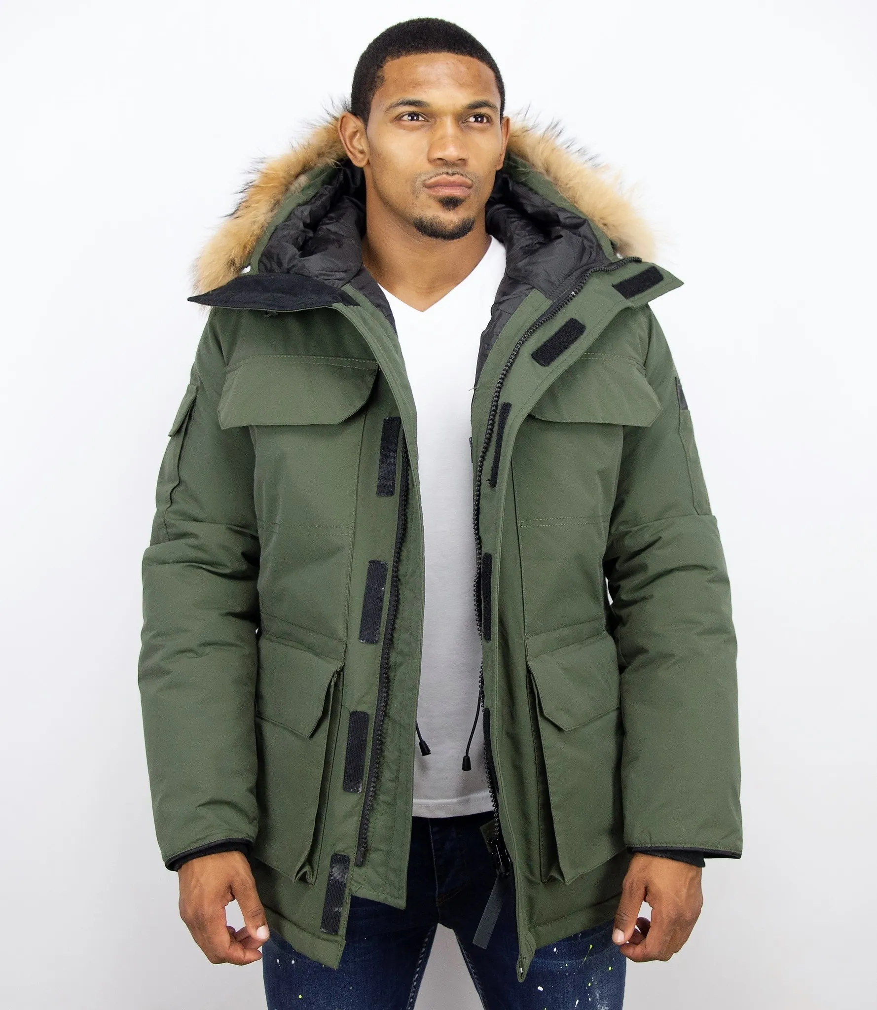 HEREN WINTERJAS HALFLANG  GROENE PARKA MET BONTKRAAG
