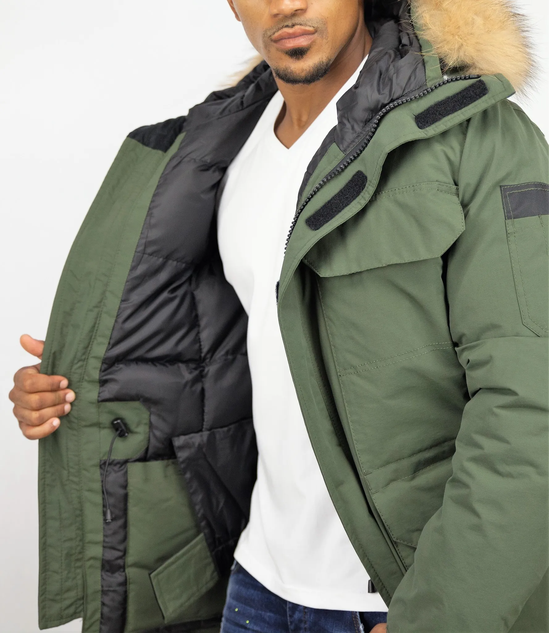 HEREN WINTERJAS HALFLANG  GROENE PARKA MET BONTKRAAG